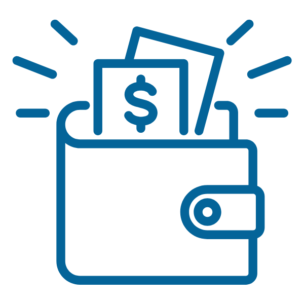 지갑에 있는 E-Rate 파란색 아이콘 그래픽 돈