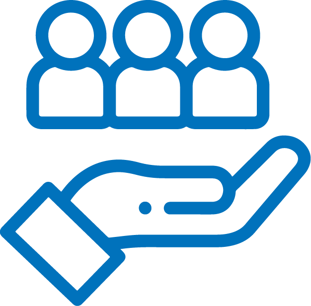 사람 이미지 아래 손이 있는 지구 파란색 아이콘